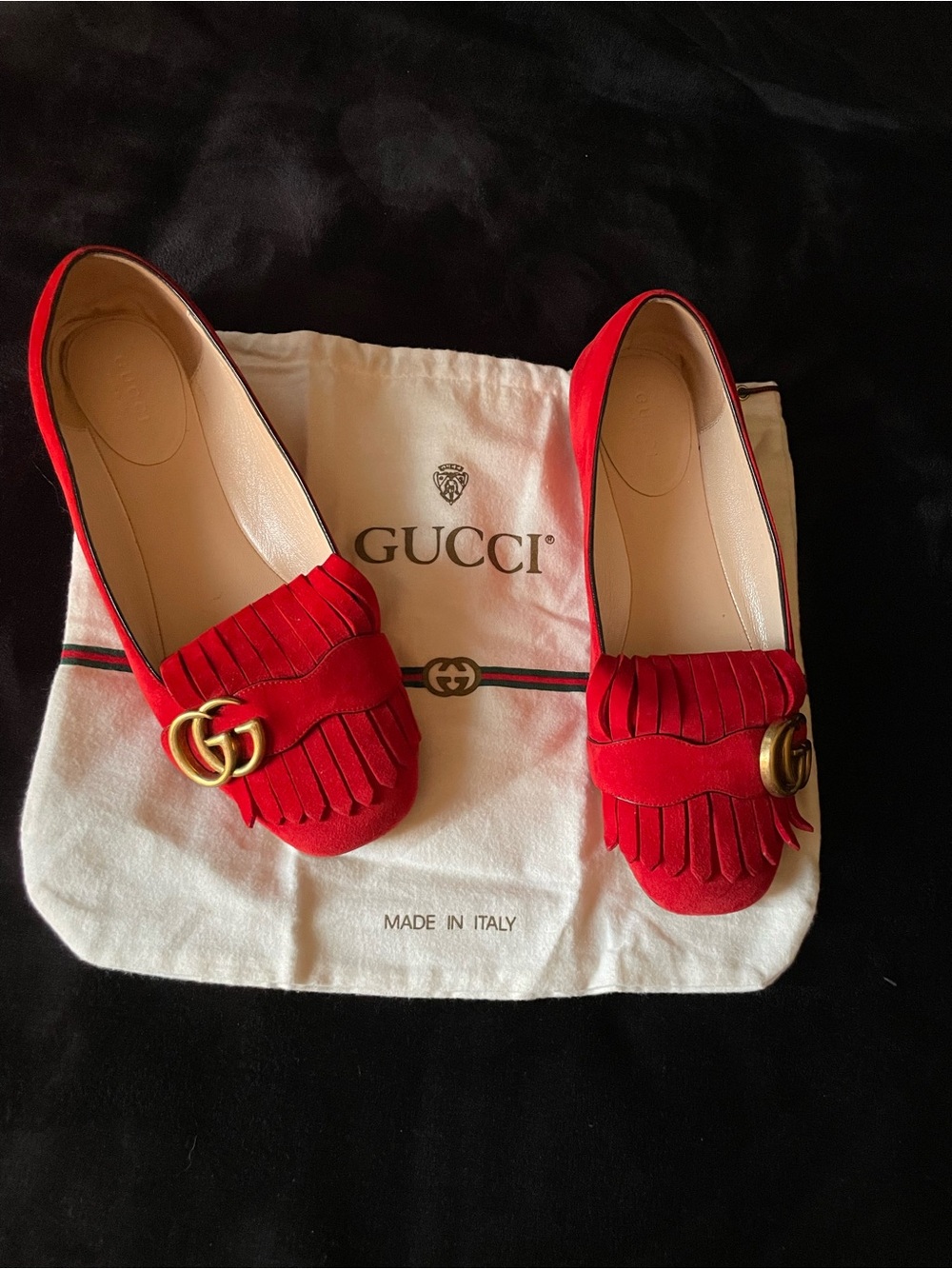 Authentic Gucci Red Suede Fringe GG Loafers for Women